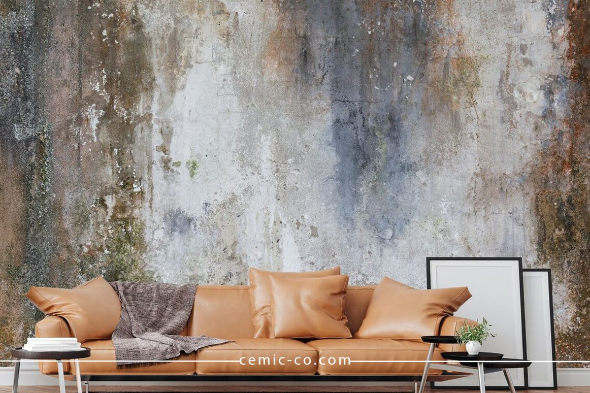 نمونه اجرای میکروسمنت پتینه برجسته روی دیوار سالن پذیرایی